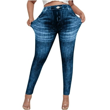 Flare Bottom Jeans Women's Denim Print Leggings, High Waisted Stretchy Seamless Legging Pants, Slim Fitting Workout Yoga Pants Blue XL
