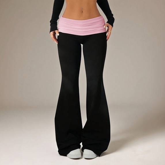 Flare Foldover Pants for Women Low Rise Stretchy Yoga Pants with Pockets Workout Gym Fall Cozy Thermal Pants, M
