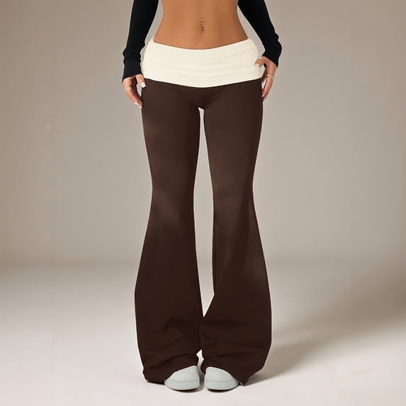 Flare Foldover Pants for Women Low Rise Stretchy Yoga Pants with Pockets Workout Gym Fall Cozy Thermal Pants, XL