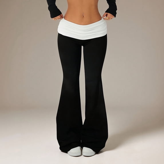 Flare Foldover Pants for Women Low Rise Stretchy Yoga Pants with Pockets Workout Gym Fall Cozy Thermal Pants, XS