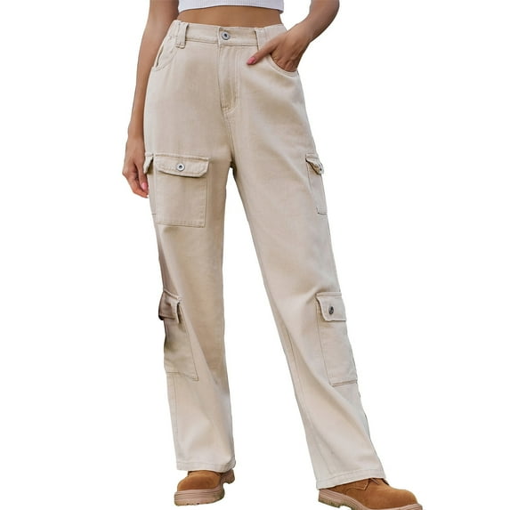 Flare Jeans Cargo Pants for Women High Waisted Stretchy Pull on Pants with Pockets Straight Wide Leg Pants Cuffed Jeans for Women S-43 Khaki L