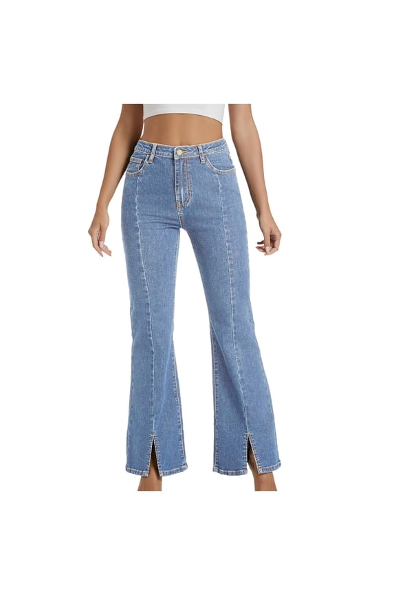 Flare Jeans For Women Bell Bottom Jeans High Waisted Stretchy Wide Leg Bootcut Jeans Split Hem Jeans