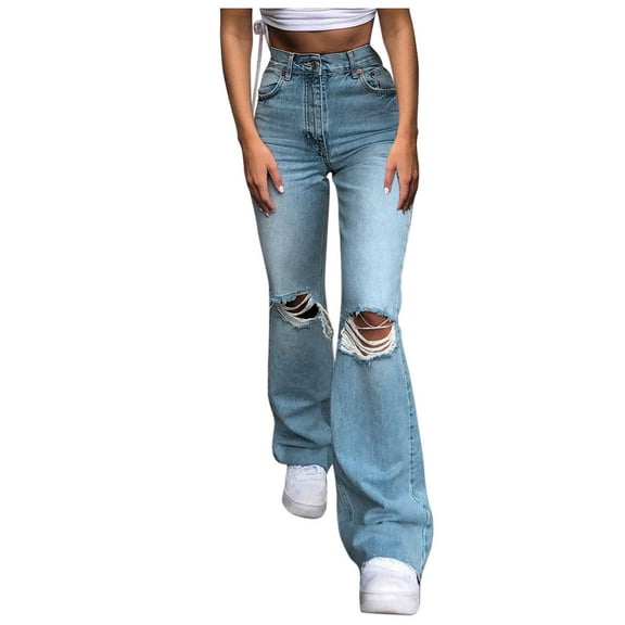 Flare Jeans For Womens High Waist Washed Ripped Boyfriend Bootcut Denim Pants Trousers