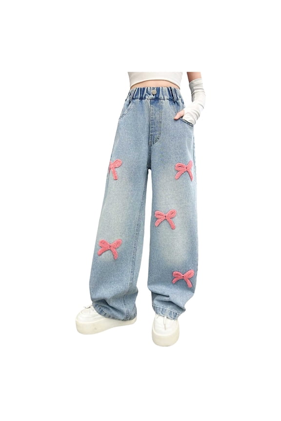 Flare Jeans Juniors Girls Heart Print Baggy Jeans Cute Elastic Waist Straight Leg Denim Pants with Pockets