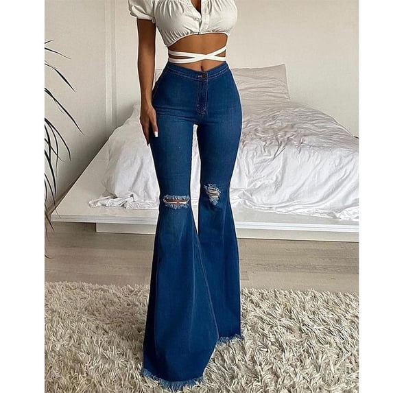 Flare Jeans For Women Ripped Flared Jeans Womens Vintage High Waited Bell Bottoms Jeans High Waist Knees Hole Wild Chic Tassel Hem Trousers Dark blue L