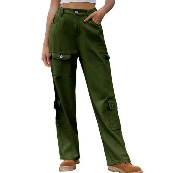 Flare Jeans for Women Cargo Pants for Women High Waisted Stretchy Pull on Pants with Pockets Straight Wide Leg Pants S-43 Green M