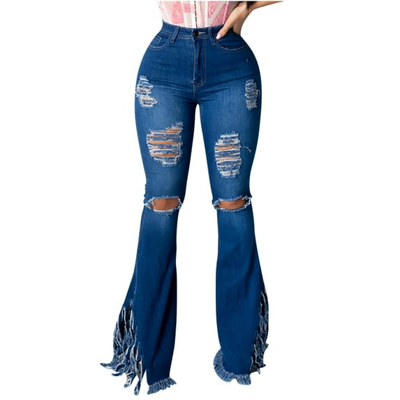 Flare Jeans for Women Fashion Ripped Hole Fringe Hem Bell Bottom Jeans High Waist Slim Fit Wash Denim Pants Trousers