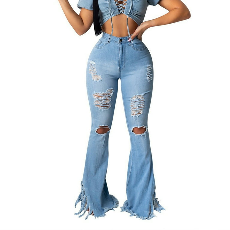 Flare Jeans for Women Fashion Ripped Hole Fringe Hem Bell Bottom