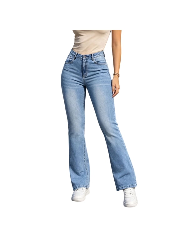 Flare Jeans for Women High Rise Stretch Light Wash Bootcut Denim Pants Full Length Casual Trousers Light Blue 27
