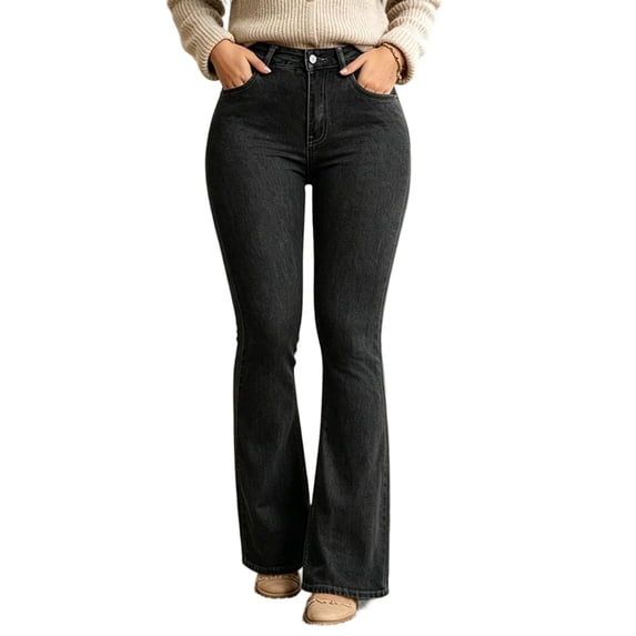 Flare Jeans for Women High Waisted Vintage Solid Color Summer Button Zipper Casual Denim Pants Casual Loose Fit Straight Denim Pants with Pocket