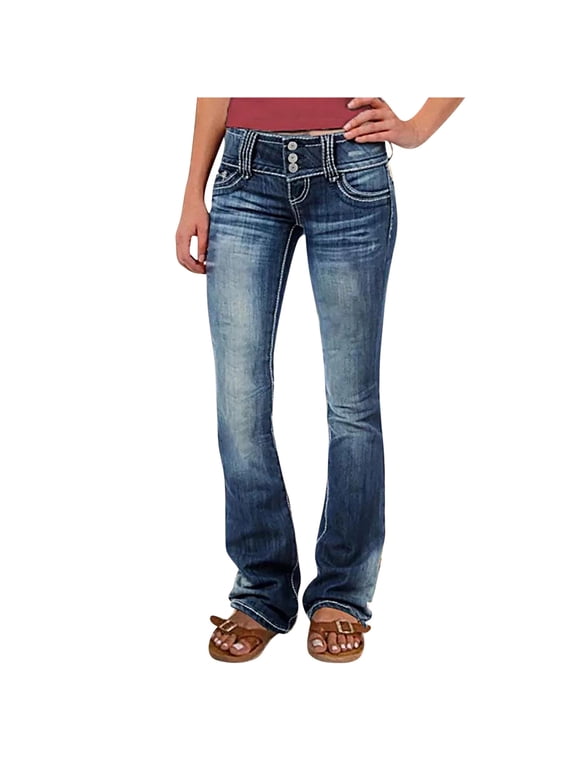 Flare Jeans for Women Ladies Elastic Pull-On Skinny Flared Bootcut Denim Jeggings Dark Blue XL