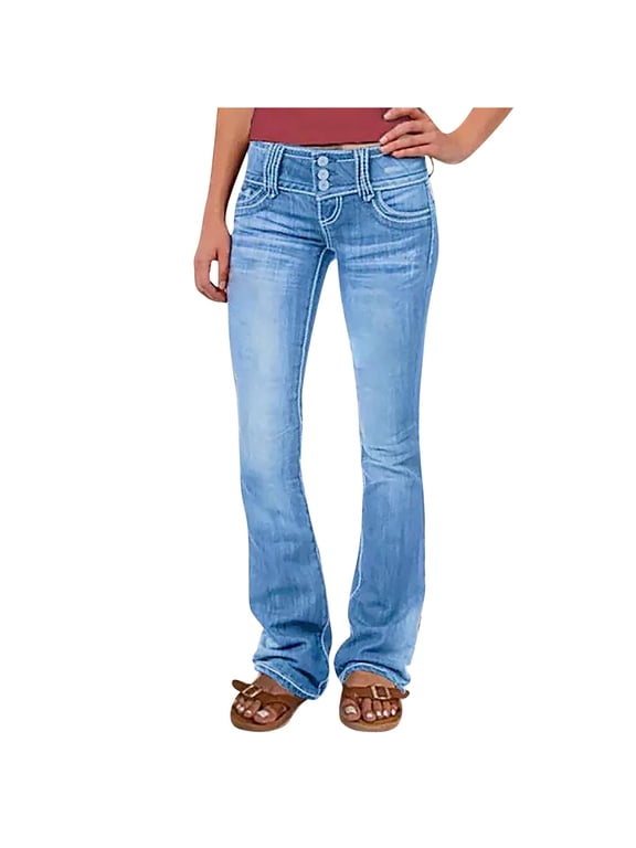 Flare Jeans for Women Ladies Elastic Pull-On Skinny Flared Bootcut Denim Jeggings Light Blue S