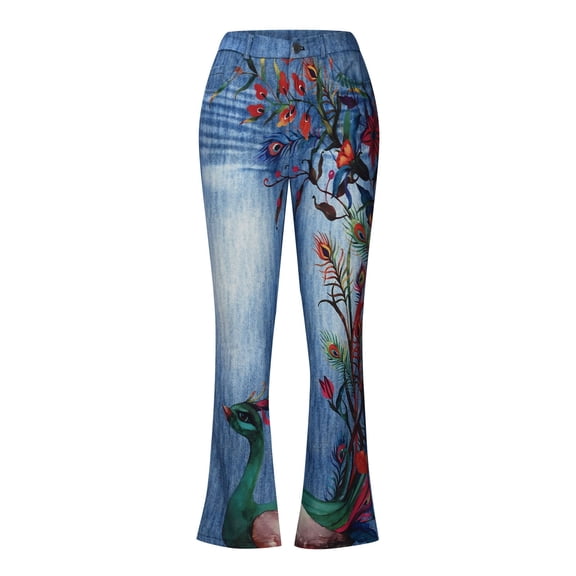 Flare Jeans for Women Plus Size Floral Prints High Waisted Stretch Bell Bottom Denim Trousers with Pockets Lightweight Y2k Streetwear