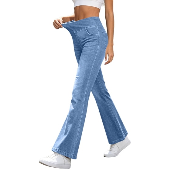 Flare Jeans for Women Solid Color Stretch Denim Flared Pants Elastic Waistband Multi Pocket Styling Casual High Rise Slimming Straight Denim Pants