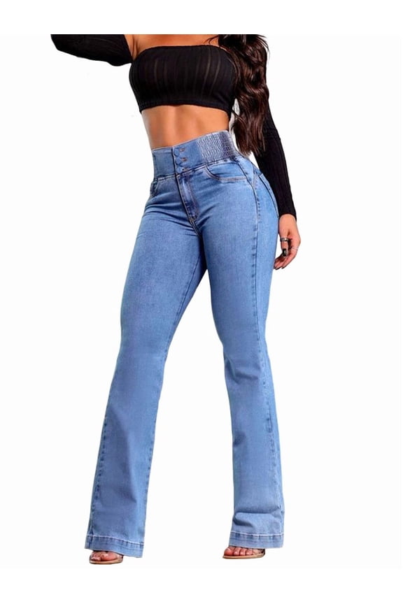 Flare Jeans for Women Tummy Control Bootcut Jeans Stretchy Button Fly Bell Bottom Butt Lifting High Waisted Denim Pants Light Blue L