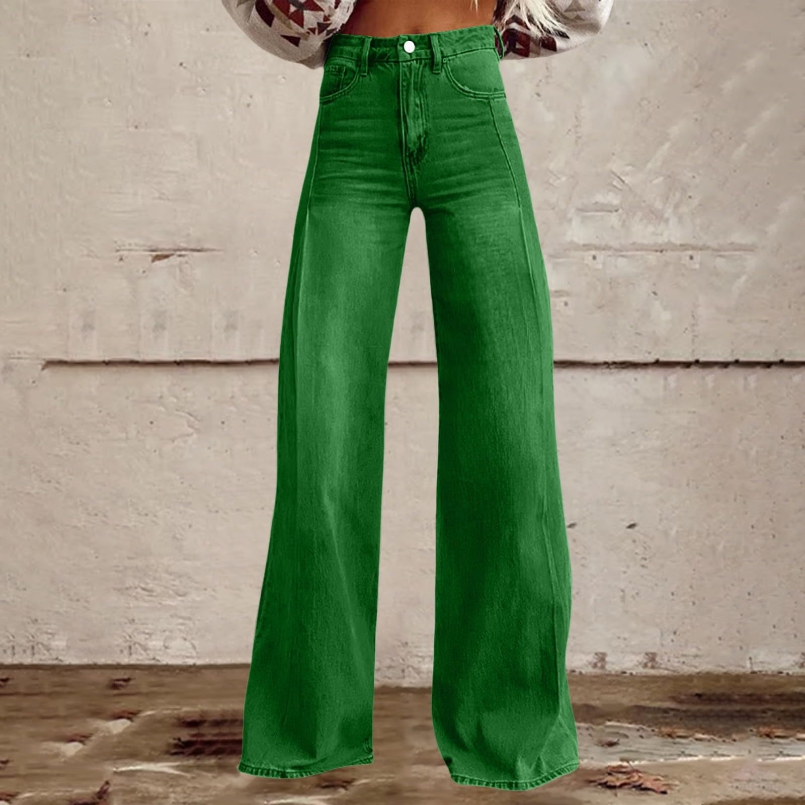 Flare Jeans for Women Vintage Wide Leg Baggy Stretchy High Waisted Denim Pants with Pockets Army Green M