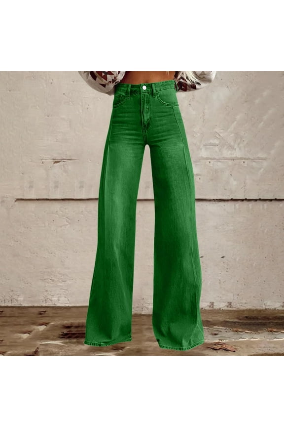 Flare Jeans for Women Vintage Wide Leg Baggy Stretchy High Waisted Denim Pants with Pockets Army Green S