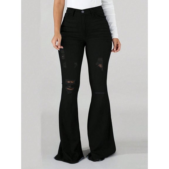 Flare Jeans for women High Waisted Distressed Pockets Fashionable Hip Lifting Raw Hem Button Zipper Vacation