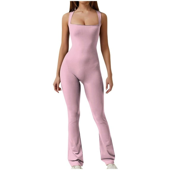 Flare Jumpsuits for Women Strappy Square Neck Bodycon Full Length Long Pants Casual Playsuit Pink,2XL