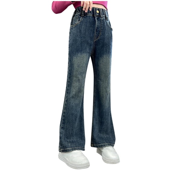 Flare Leg Denim Pants for Girls Casual Loose Baggy Jeans Elastic High Waist Jean Pants Relaxed Fit Navy,13 Years