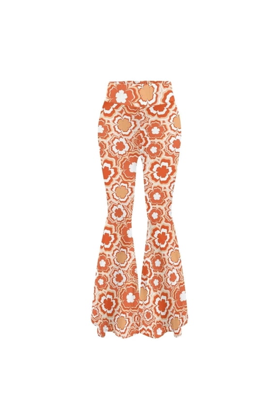 Flare Leg Hippie Pants Womens High Waist Stretch Bell Bottom Slim Fit Floral Prints Trousers Orange M