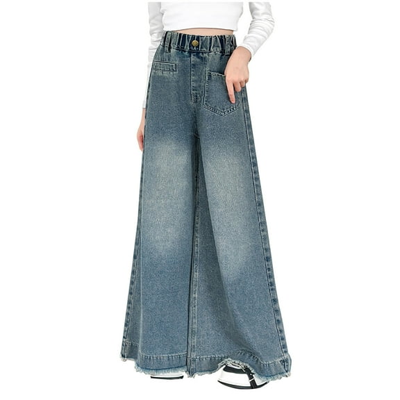 Flare Leg Jeans for Girls Baggy Elastic Waist Denim Jeans with Pocket High Waisted Pants Trousers Blue,15-16 Years
