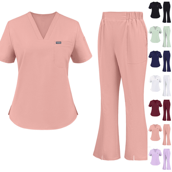 Flare Leg Scrub Set Women Set Stretch V-Neck Top & Jogger Pants Pockets Soft Stretch Woven Fabric Side Splits Yoga Elastic Waistband Comfort Medical Scrub Sets Pink L