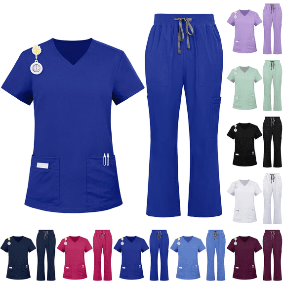 Flare Leg Scrub Set Womens Pocket Cargo Cool Stretch Lightweight Medical Scrub Set for Nurses & Healthcare Royal Blue S