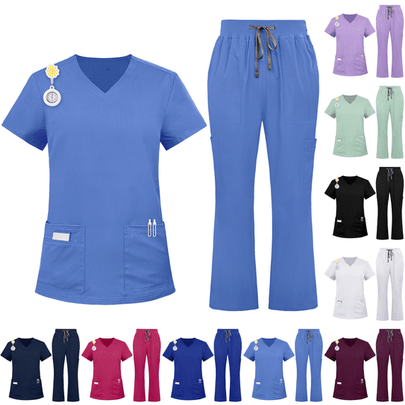 Flare Leg Scrub Set Womens Pocket Cargo Cool Stretch Lightweight Medical Scrub Set for Nurses & Healthcare Sky Blue M
