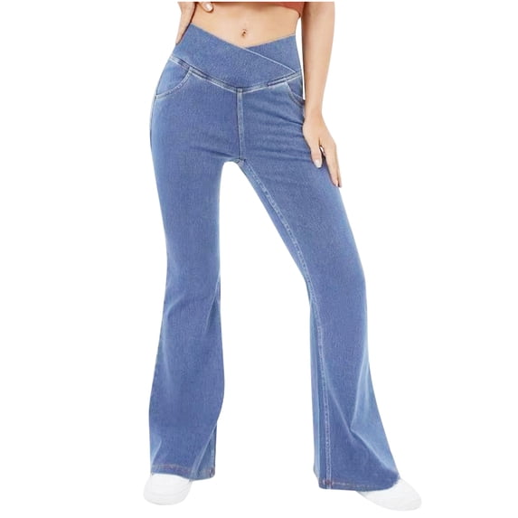 Flare Leggings For Women Fashion Casual Solid Color High Waist Wide Leg Trousers Bootcut Workout Yoga Pants Long Pants Light Blue XXXXL
