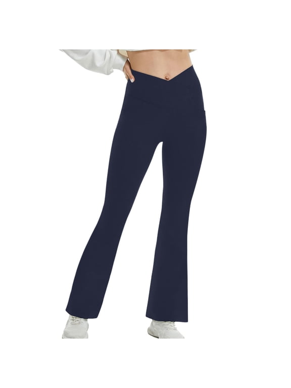 Flare Leggings for Women with Pockets,Tummy Control High Waisted And Wide Leg Crossover Yoga Pants Casual Cute Stretchy Full Length Workout Elegant Yoga Pants Bootcut Leggings Dance Bell Bottoms S
