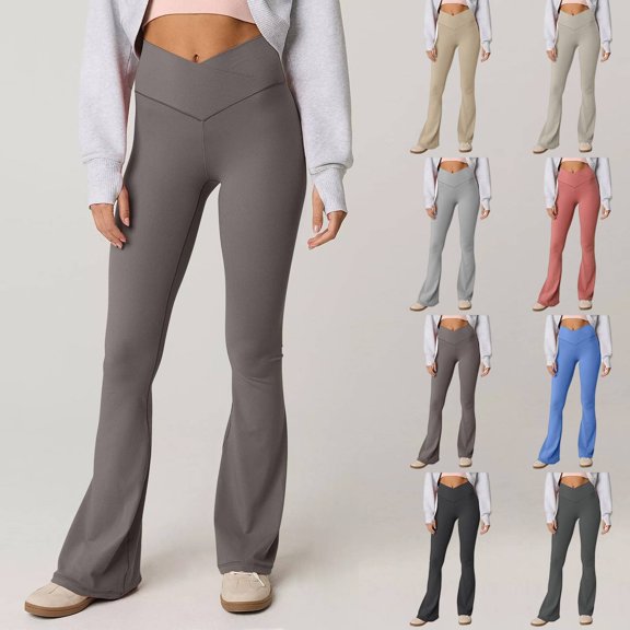 Flare Leggings Womens, Crossover Yoga Pants with Tummy Control, High-Waisted and Wide Leg Coffee XL