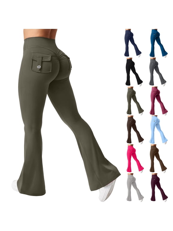 Flare Leggings for Women Butt Lift Yoga Pants with Pockets Gym Scrunch Workout Army Green M