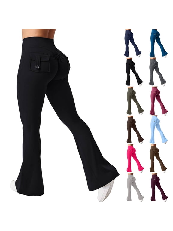Flare Leggings for Women Butt Lift Yoga Pants with Pockets Gym Scrunch Workout Black L