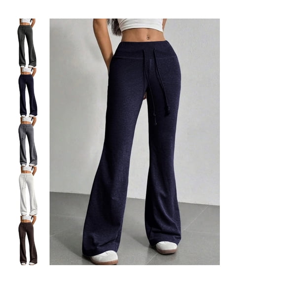 Flare Leggings for Women Drawstring High Waisted Flared Yoga Pants Soft Lounge Wide Leg Sweatpants Y2k Bell Bottoms Navy L