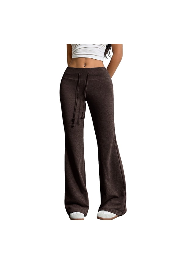 Flare Leggings for Women Drawstring Low Waisted Flared Yoga Pants Soft Cotton Wide Leg Sweatpants Y2k Bell Bottoms Coffee L