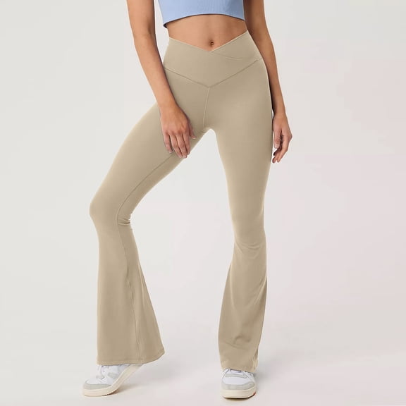 Flare Leggings for Women - High Waist Crossover Yoga Pants Tummy Control Bootcut Bell Bottom Lounge Leggings Beige M