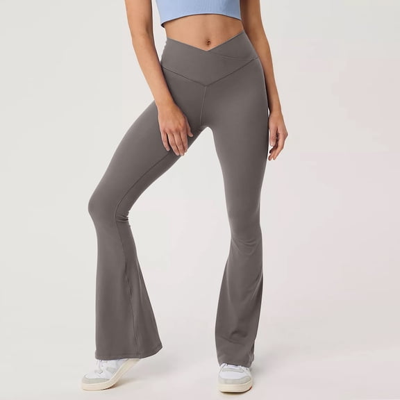 Flare Leggings for Women - High Waist Crossover Yoga Pants Tummy Control Bootcut Bell Bottom Lounge Leggings Coffee L