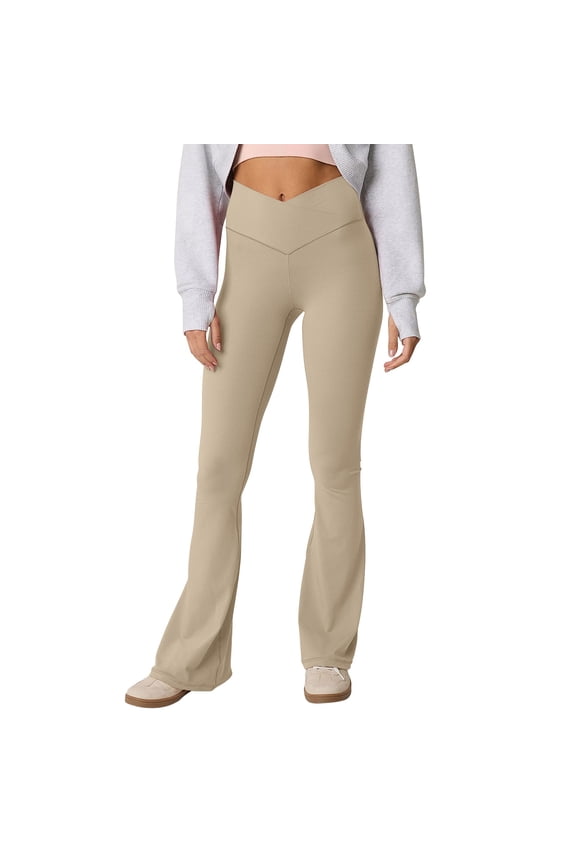 Flare Leggings for Women Stretchy Soft V Crossover Tummy Control Gym Workout Yoga Pants High Waisted Bootcut Pant Beige S