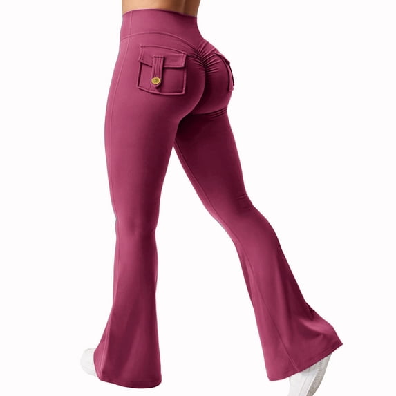 Flare Leggings for Women with Pockets Scrunch Workout Leggings Butt Lifting Gym Yoga Pants Deep Red 2XL