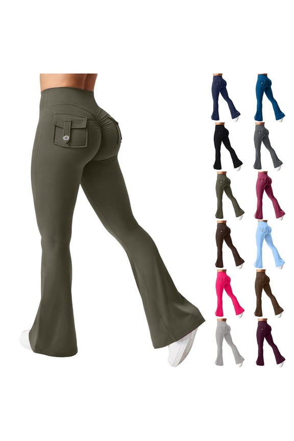 Flare Leggings with Pockets for Women Butt Lifting Workout Leggings Gym Bell Bottom High Waisted Yoga Pants Coffee M