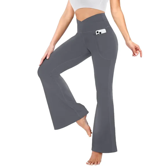 Flare Leggings with Pockets for Women - Crossover Yoga Pants High Waist Tummy Control Bootcut Workout Flared Leggings
