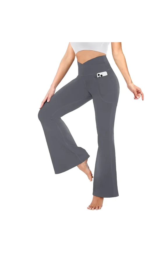 Flare Leggings with Pockets for Women - Crossover Yoga Pants High Waist Tummy Control Bootcut Workout Flared Leggings