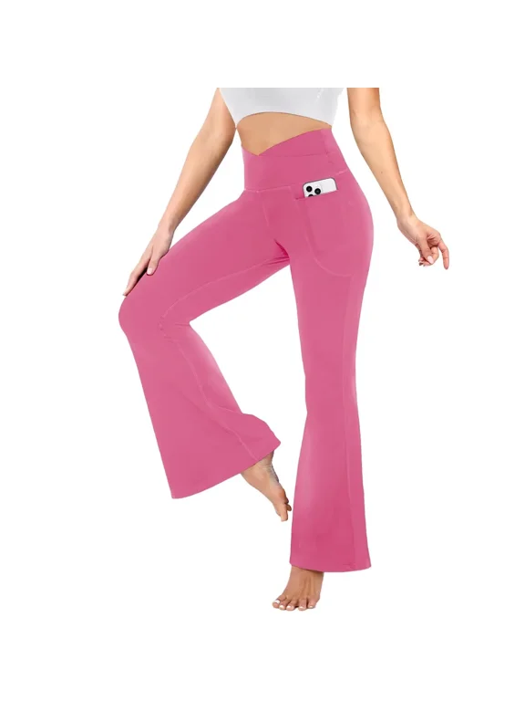 Flare Leggings with Pockets for Women - Crossover Yoga Pants High Waist Tummy Control Bootcut Workout Flared Leggings