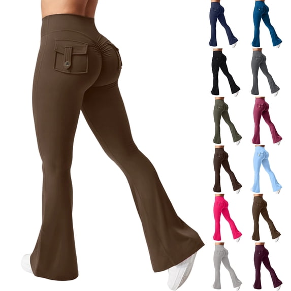 Flare Leggings with Pockets for Women Scrunch Workout Leggings Butt Lifting Gym Yoga Pants Brown XXL