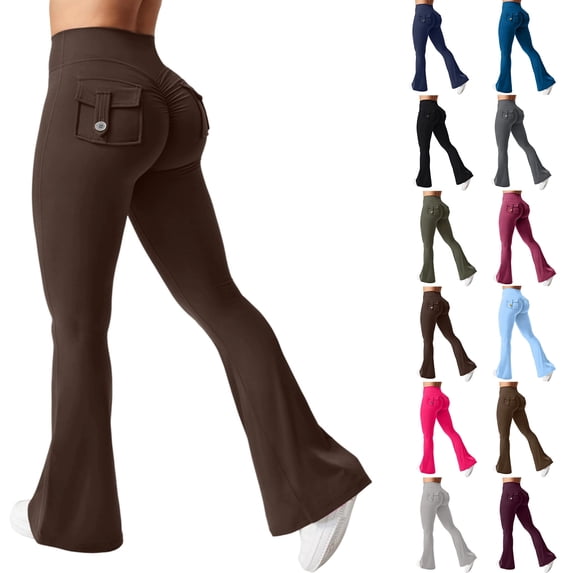 Flare Leggings with Pockets for Women Scrunch Workout Leggings Butt Lifting Gym Yoga Pants Coffee M