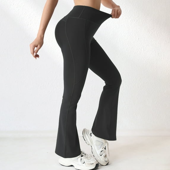 Flare Leggings with Pockets for Women Seamless Crossover Yoga Pants with Tummy Control Bootcut Work Pants Trendy 2025 Black M