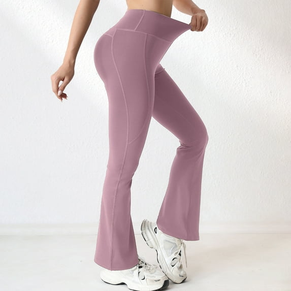 Flare Leggings with Pockets for Women Seamless Crossover Yoga Pants with Tummy Control Bootcut Work Pants Trendy 2025 Pink S