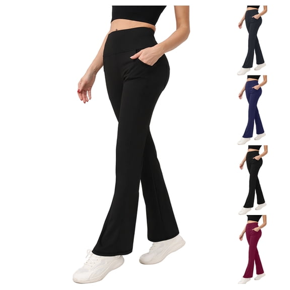 Flare Leggings with Pockets for Women Seamless Crossover Yoga Pants with Tummy Control Bootcut Work Pants Trendy Black M