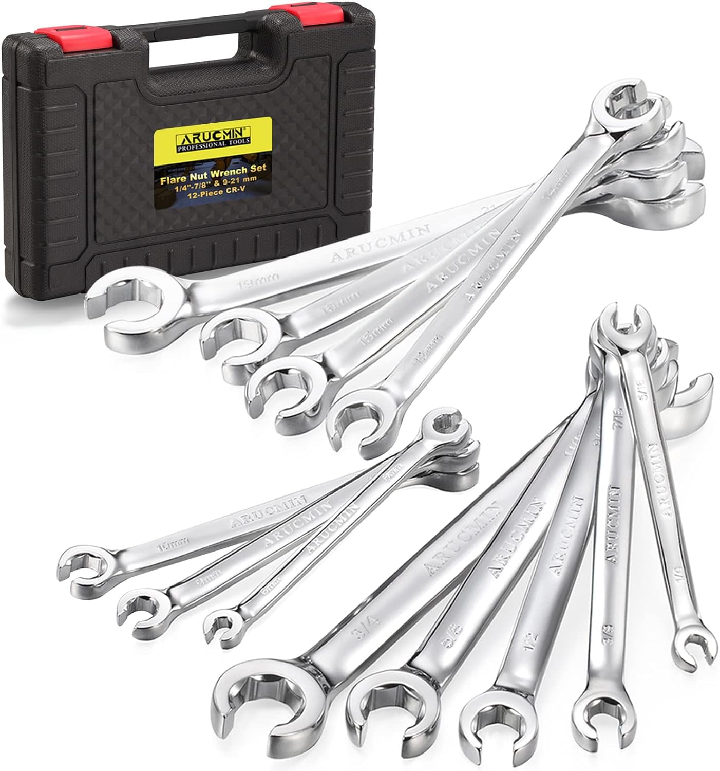 Flare Nut Wrench Set,12-Piece Chrome Vanadium Steel Line Wrench Set SAE & Metric 1/4"-7/8" and 6-21mm with Organizer Box